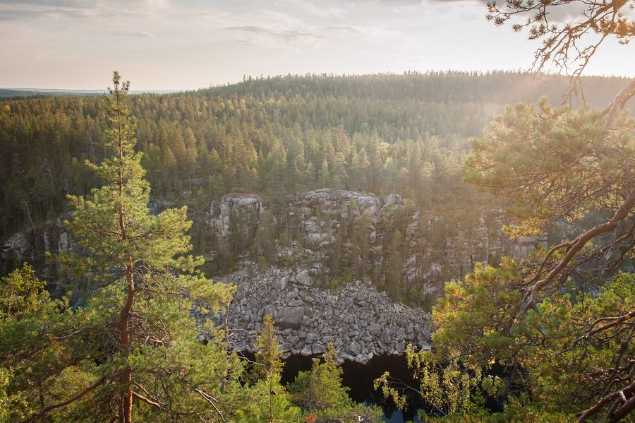 Un lac en Carélie bordé de forêt et de paysage nordique.