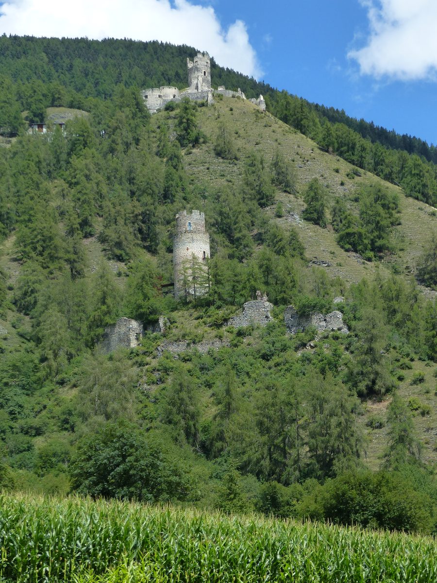 Vue sur les ruines de Reichenberg et Rotund à Taufers dans le val Monastero