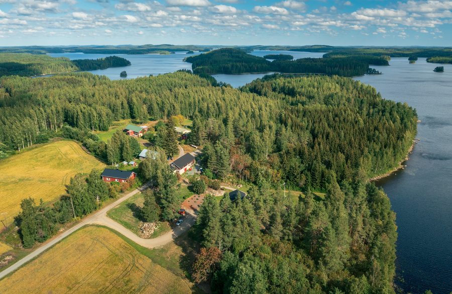 Paysage de Ryngänkylä au bord du lac Vahvajärvi à Hirvensalmi, Savonie du Sud