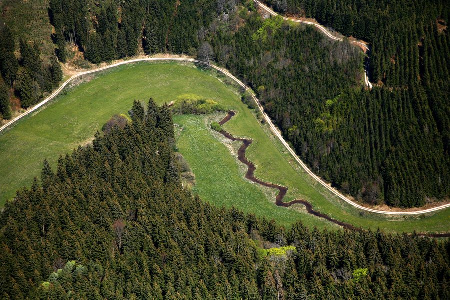 Cours sinueux du Fehla dans un paysage de vallée boisé de la Schwäbische Alb