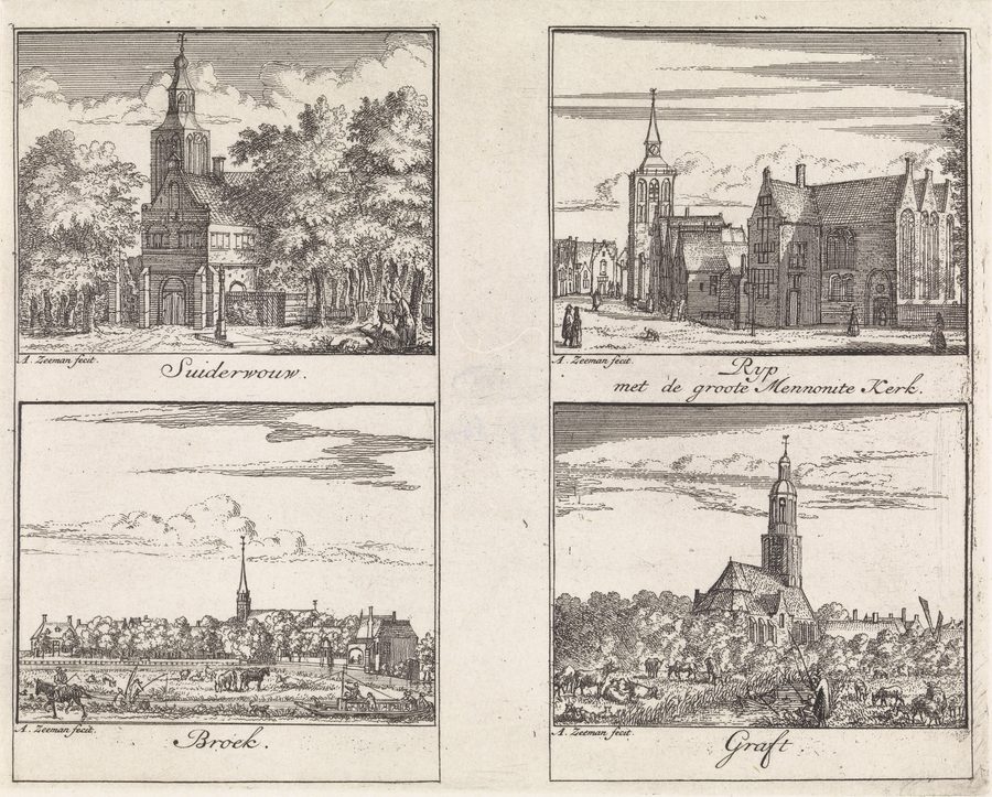 Vue historique de Zuiderwoude avec l’église du village