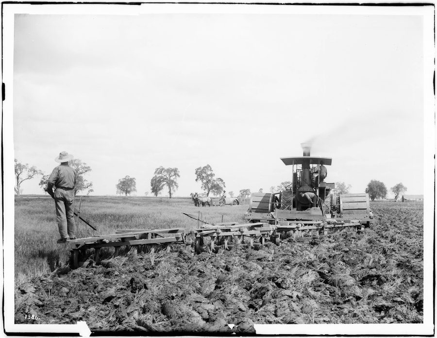 Machine à vapeur historique de labour dans un champ près de Hanford, dans le comté de Kings, Californie