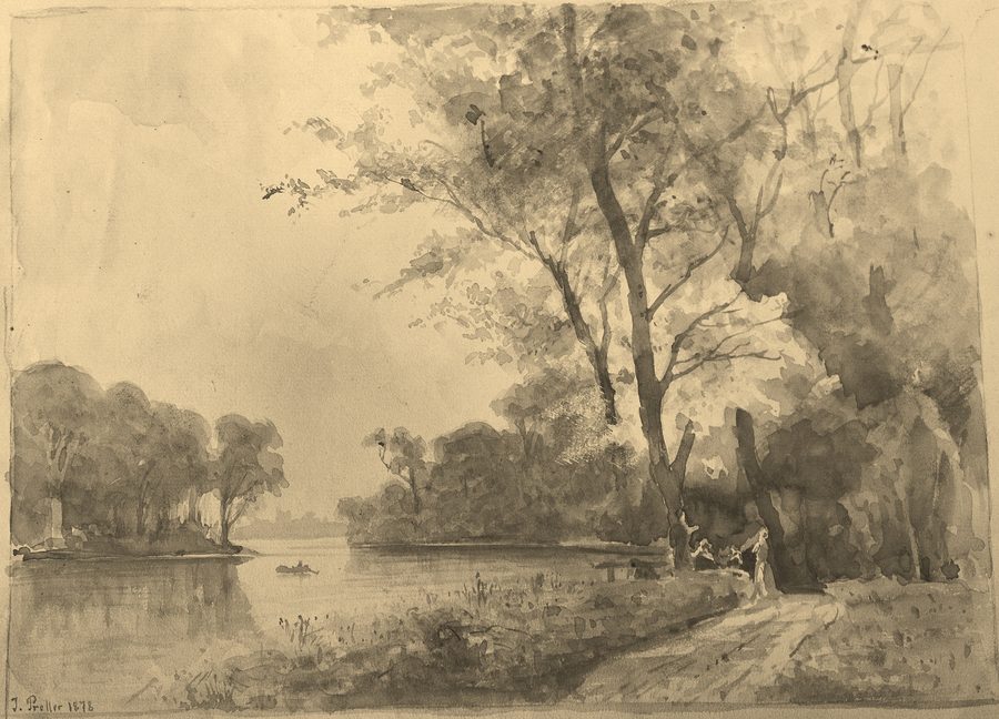 Dessin aquarellé de l’étang Mühlenteich près de Varel-Obenstrohe datant de 1878.