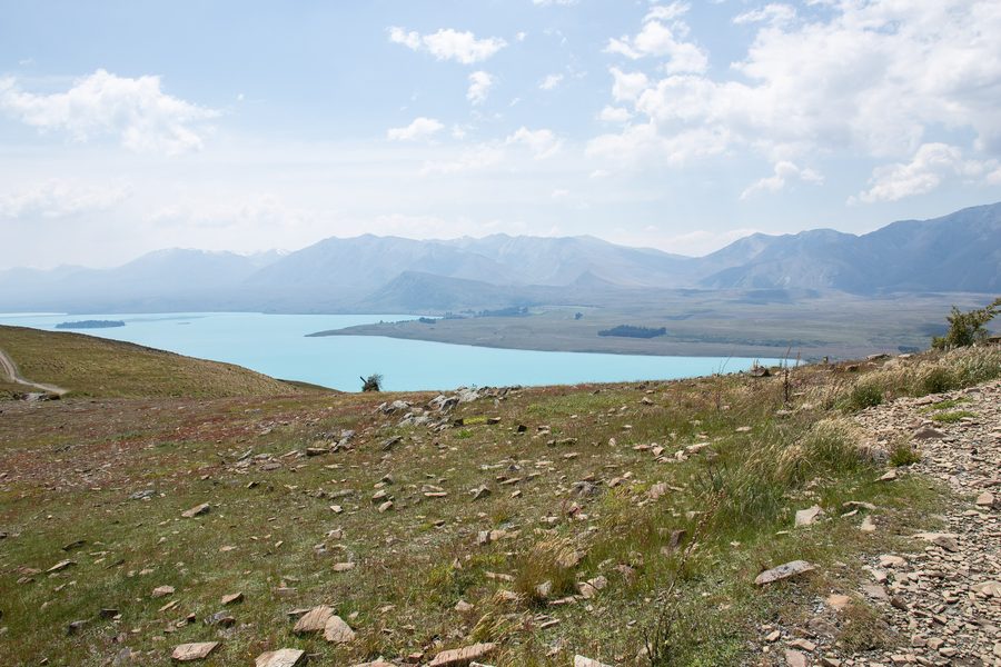 Le lac Tekapo, d’un bleu turquoise, devant un paysage montagneux sur l’île du Sud de la Nouvelle-Zélande.