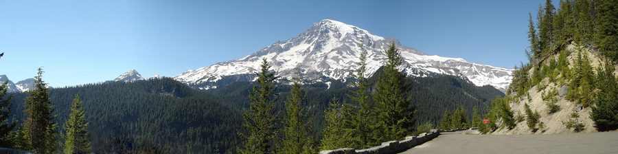 Vue panoramique du versant sud du mont Rainier, avec neige et glace au-dessus du paysage boisé.