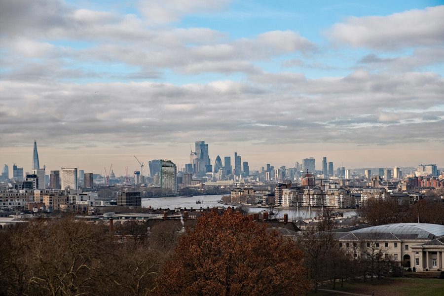Vue sur Greenwich Park et la Tamise en direction du centre de Londres