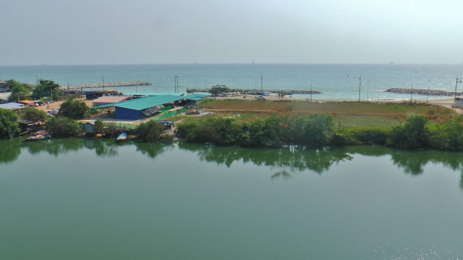 Vue depuis la tour d’observation du parc de mangroves de Rayong, au-dessus de la rivière Rayong, vers le golfe de Thaïlande