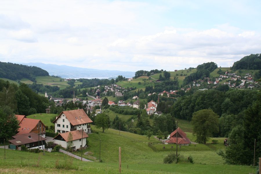 Vue sur le centre de Wald ZH depuis Vorderwald, avec le lac de Zurich
