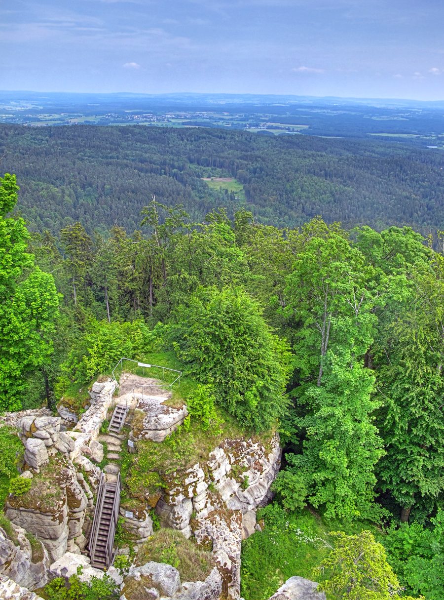 Vue depuis la ruine du château de Weißenstein, dans le Steinwald, sur le paysage boisé