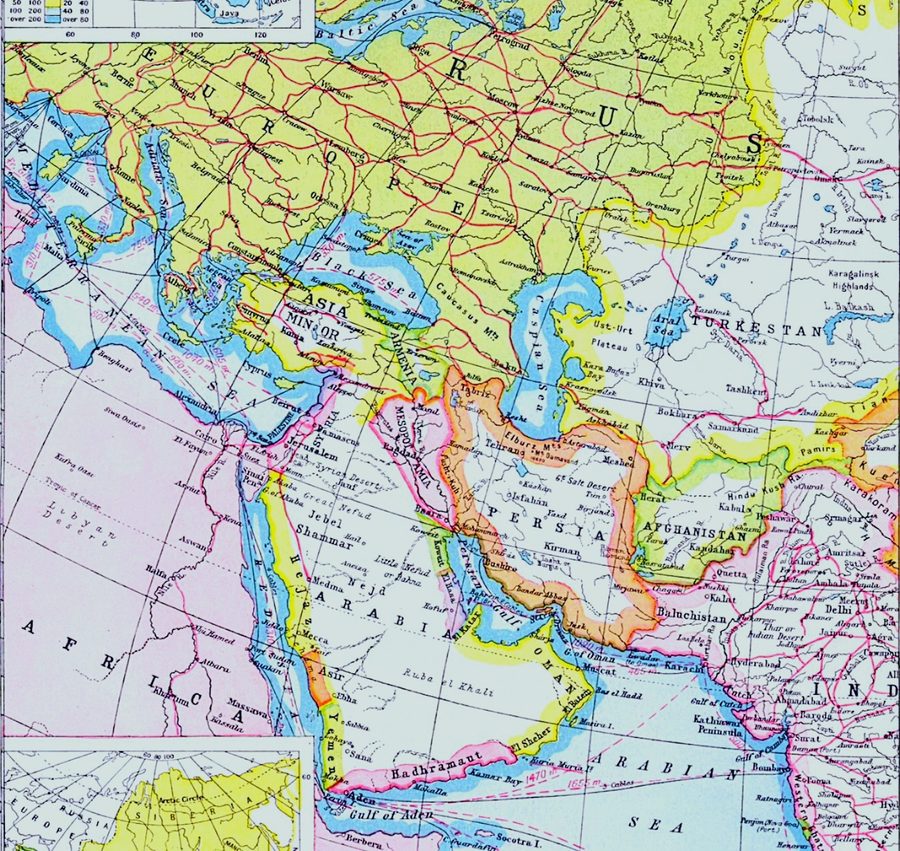 Carte de l’Asie occidentale et de l’Europe de l’Est vers 1920.