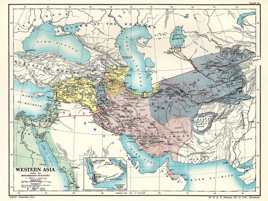 Carte historique des dynasties musulmanes en Asie occidentale de 970 à 1070.