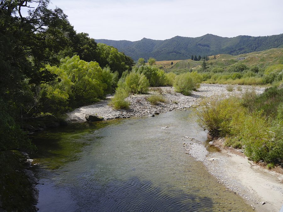 Vue d’Owen River dans le district de Tasman, sur l’île du Sud, en Nouvelle-Zélande, regardant vers le nord-est depuis le pont de la SH 6