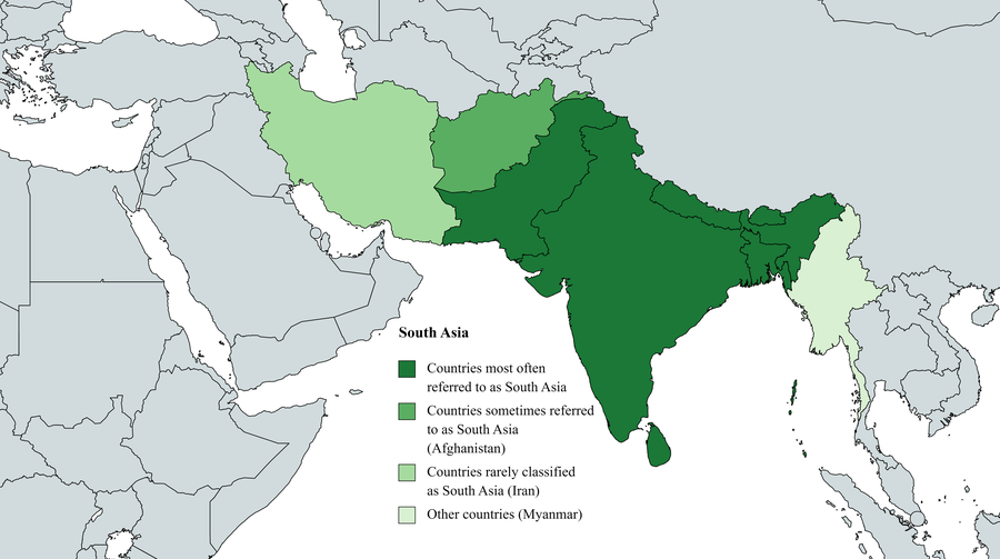Carte montrant les frontières et les définitions de l’Asie du Sud.