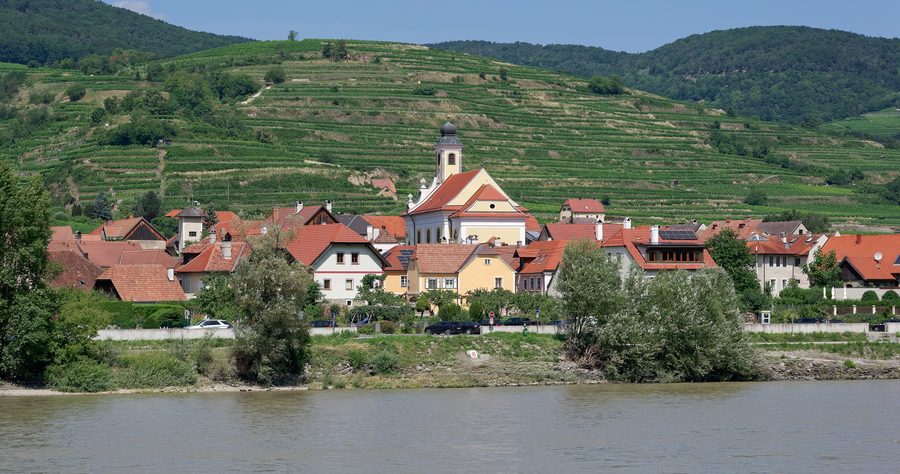 Vue depuis la rive du Danube sur Wösendorf dans la Wachau avec l’église paroissiale et les vignobles à l’arrière-plan
