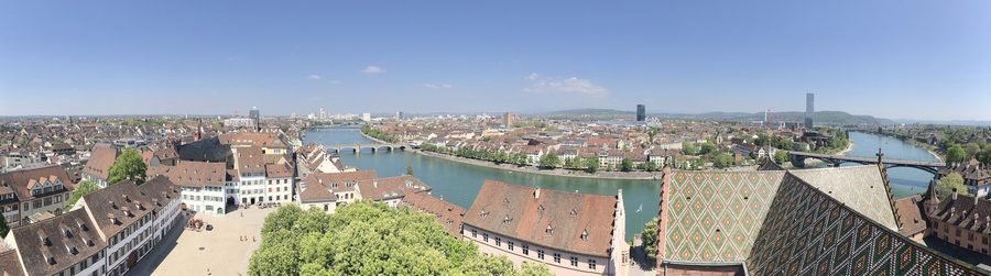 Vue du Münster de Bâle sur le Münsterplatz, le Rhin et Bâle