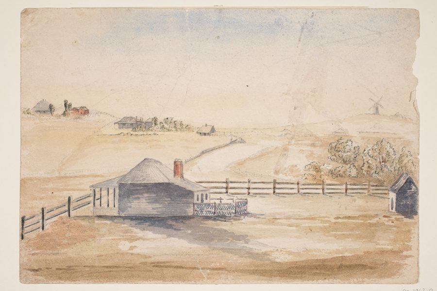 Scène rurale historique d’Epsom avec une maison, une propriété clôturée et Bycrofts Mill en arrière-plan