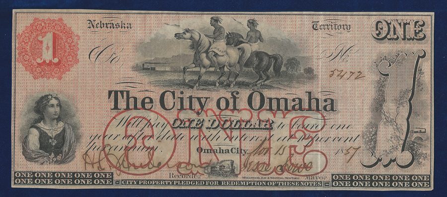 billet de 1857 de la ville d’Omaha, territoire du Nebraska, représentant des Amérindiens et un train de chemin de fer