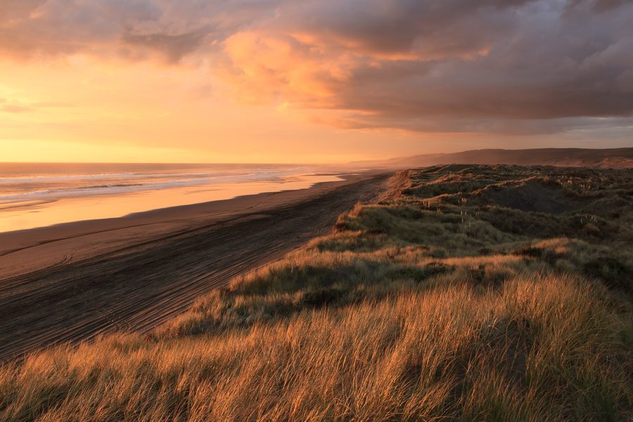 Dunes de sable à Port Waikato sous un ciel du soir nuageux
