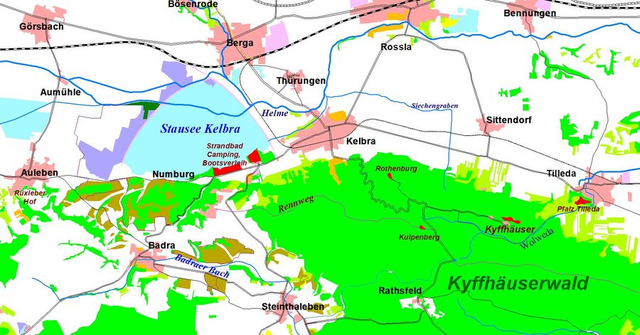 Kelbra et ses environs, le lac de retenue de la Helme et la partie nord-ouest du massif du Kyffhäuser