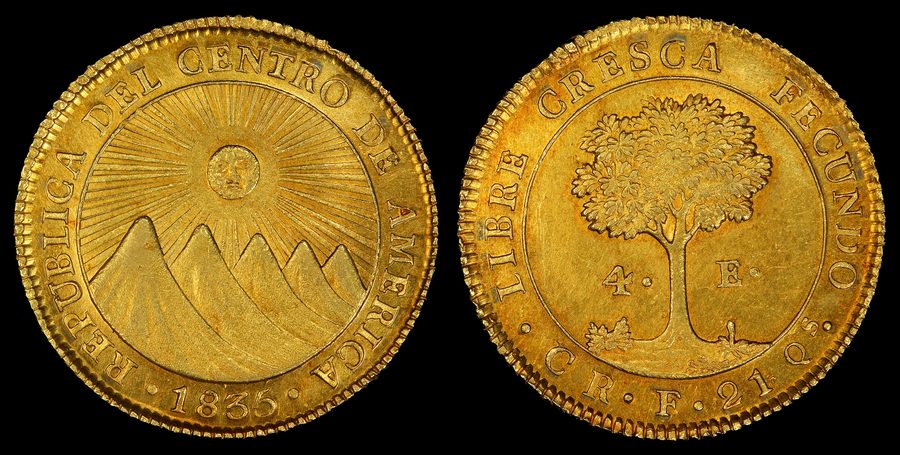 Une pièce historique portant l’inscription « Federal Republic of Central America » et la date 1835.