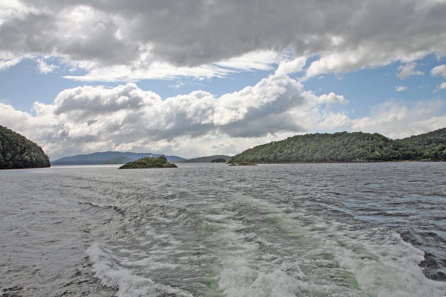 Lac Manapouri avec des montagnes et un paysage de rive boisé dans le Southland