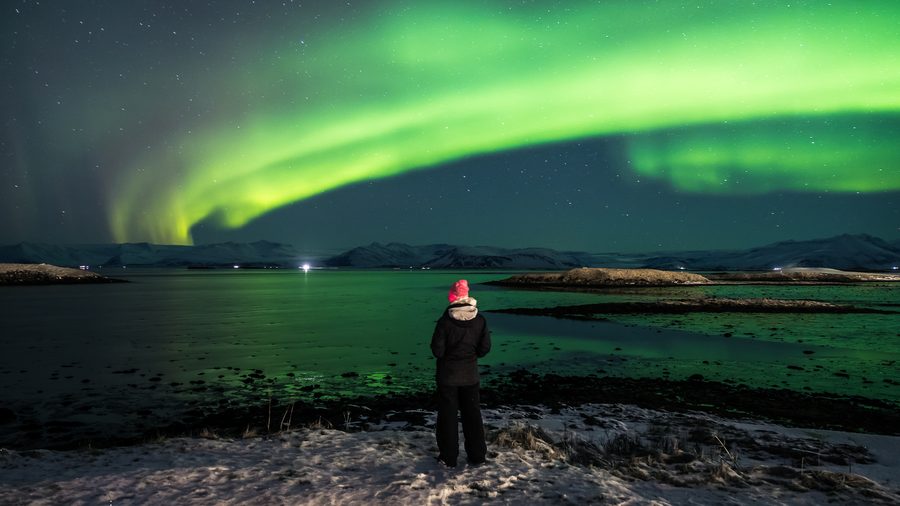 Des aurores boréales au-dessus d’un paysage enneigé près de Höfn en Islande.