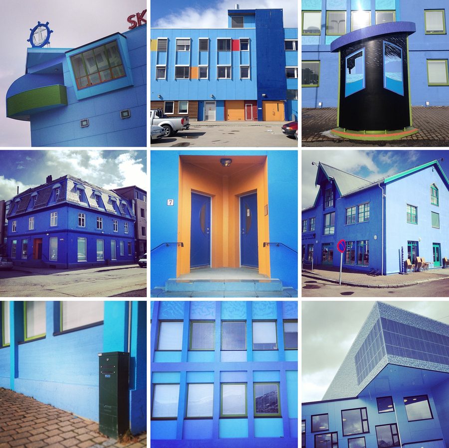 Collage de bâtiments peints en bleu à Sortland, en Norvège