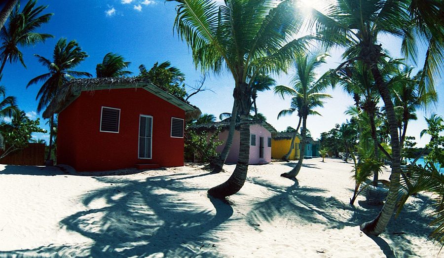 Plage tropicale des Caraïbes avec eau bleue calme et maisons de plage sur Isla Catalina.